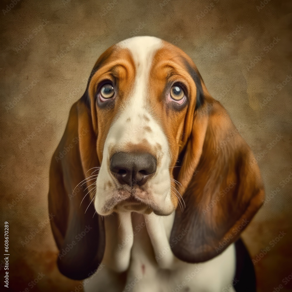Portrait of cute basset hound on dark blue background, created using generative ai technology