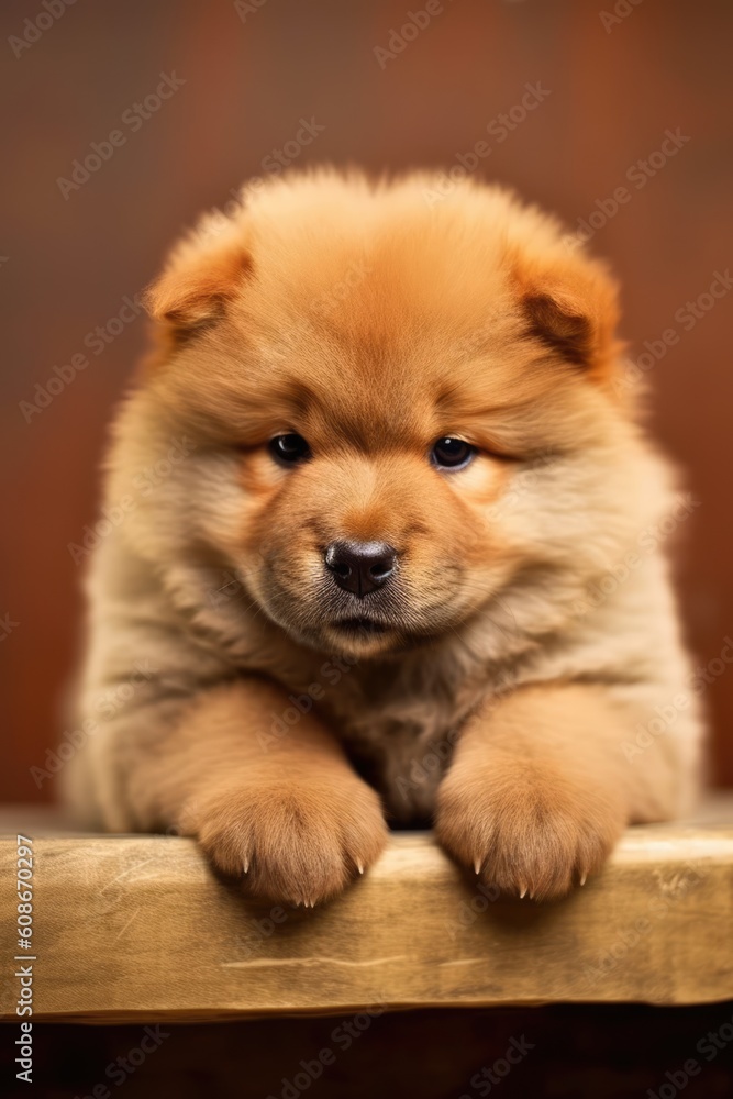 Portrait of cute chow chow puppy lying on blanket, created using generative ai technology