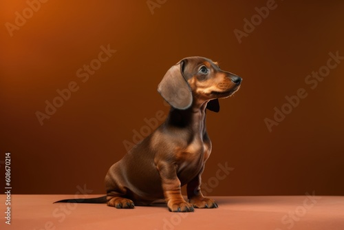 Portrait of cute brown dachshund puppy on dark background, created using generative ai technology
