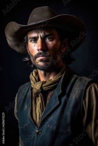 Portrait of rugged caucasian cowboy with hat and beard, created using generative ai technology