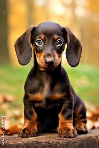 Portrait of cute brown dachshund puppy on wooden background, created using generative ai technology