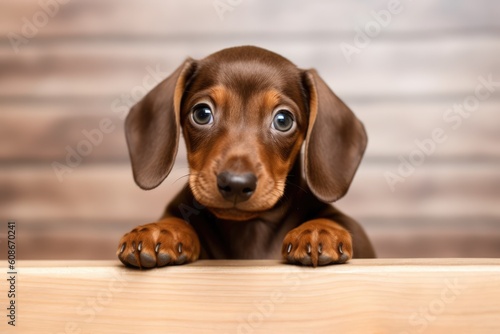 Portrait of cute brown dachshund puppy on blue background, created using generative ai technology