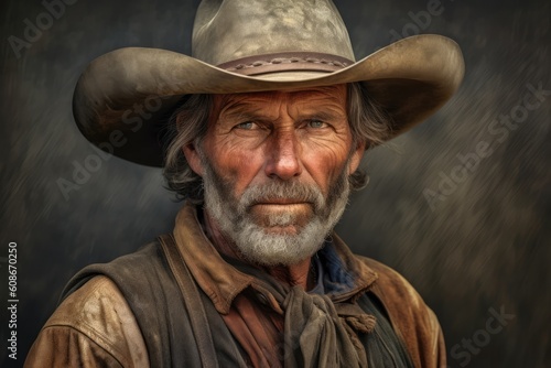 Portrait of rugged caucasian cowboy with hat and beard, created using generative ai technology