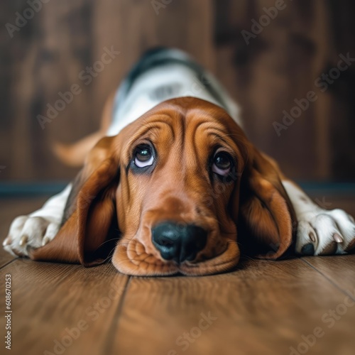 Portrait of cute basset hound lying on wooden floor, created using generative ai technology