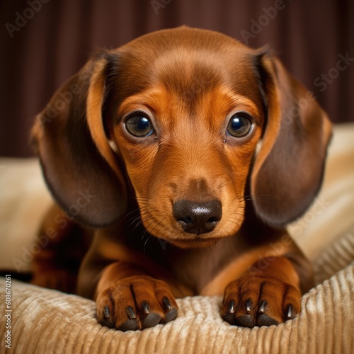 Portrait of cute brown dachshund puppy on blanket, created using generative ai technology © Future Vision