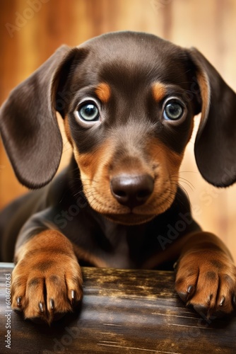 Portrait of cute brown dachshund puppy lying on cusion, created using generative ai technology © Future Vision