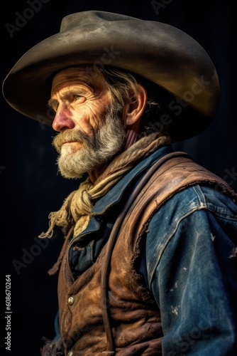 Portrait of senior caucasian cowboy with hat and beard, created using generative ai technology