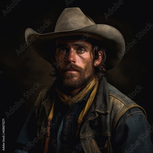 Portrait of senior caucasian cowboy with hat and beard, created using generative ai technology