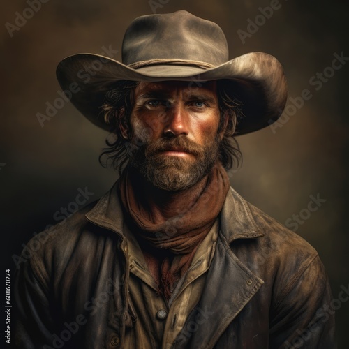Portrait of senior caucasian cowboy with hat and beard, created using generative ai technology