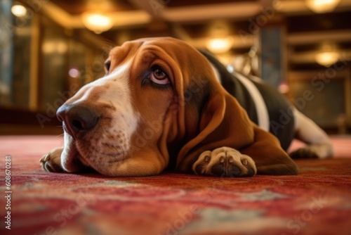 Portrait of cute basset hound lying on wood, created using generative ai technology