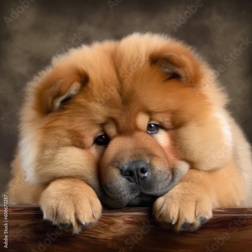 Portrait of cute chow chow puppy lying on blanket, created using generative ai technology © Future Vision