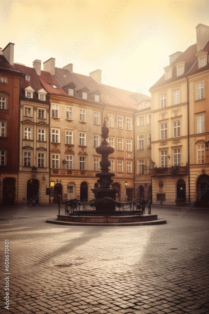 High angle view of fountain in 18th century city square, created using generative ai technology High angle view of fountain in 18th century city square, created using generative ai technology