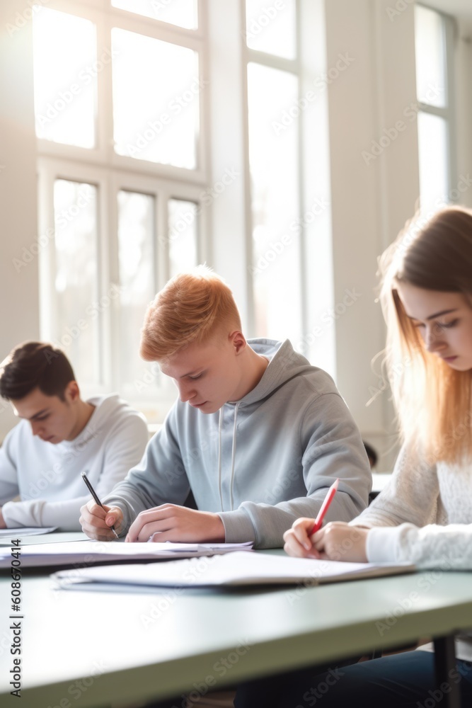 Caucasian schoolboy with diverse children in classroom, created using generative ai technology Caucasian schoolboy with diverse children in classroom, created using generative ai technology