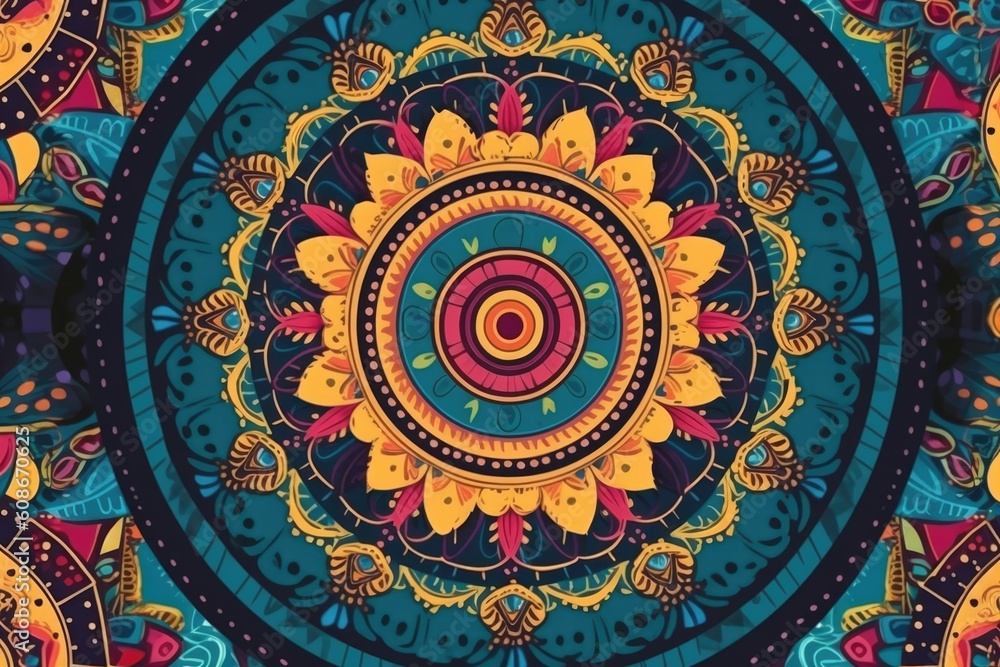 Multicoloured mandala design, created using generative ai technology