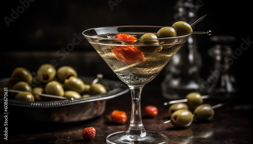 Fresh green olive martini, a gourmet appetizer for summer celebration generated by AI