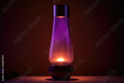 Red lava lamp on bedside table in bedroom in daylight, created using generative ai technology © Future Vision