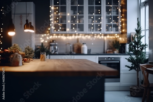 Modern kitchen decorated Christmas tree. Home scandinavian interior as background for display or montage your products. Generative AI.