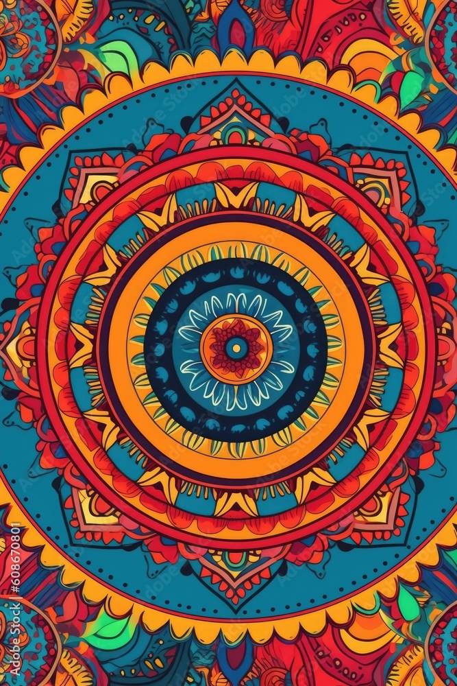 Multicoloured mandala design, created using generative ai technology