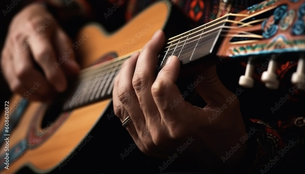 The guitarist fingers pluck chords on his acoustic guitar generated by AI The guitarist fingers pluck chords on his acoustic guitar generated by AI