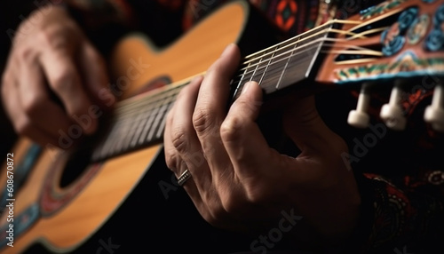 The guitarist fingers pluck chords on his acoustic guitar generated by AI