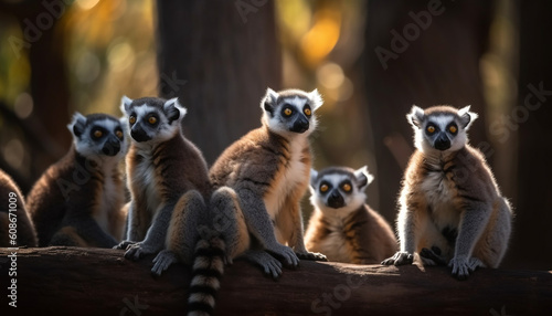 A row of cute, striped ring tailed lemurs sitting in a tree generated by AI © djvstock
