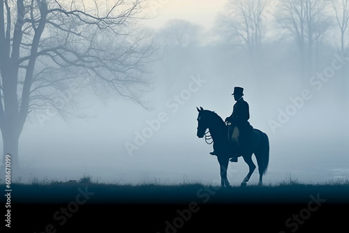 Soldier on a horse, foggy area, silhouette. AI generative © SANGHYUN