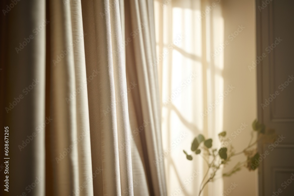 Beige curtains hanging in room with window, created using generative ai technology Beige curtains hanging in room with window, created using generative ai technology