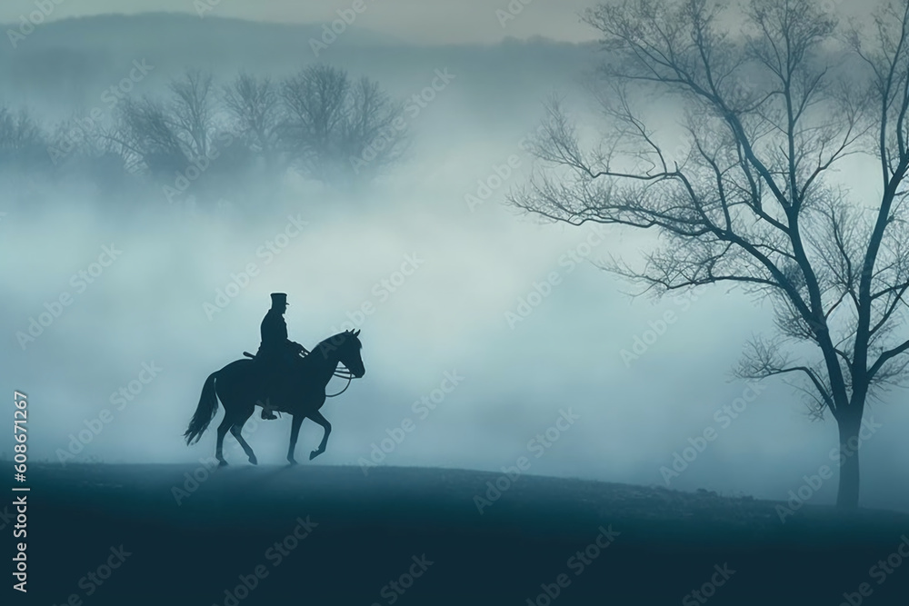 Soldier on a horse, foggy area, silhouette. AI generative Soldier on a horse, foggy area, silhouette. AI generative