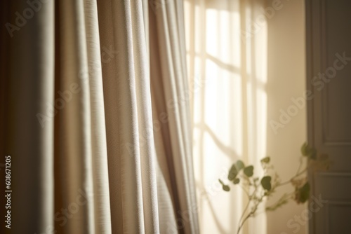 Beige curtains hanging in room with window, created using generative ai technology
