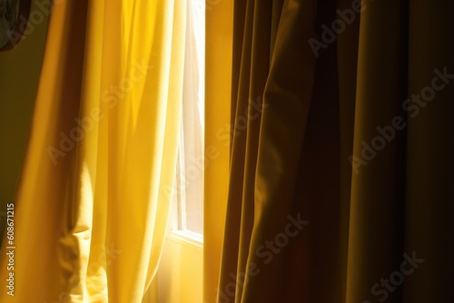 Orange curtains hanging in room with window, created using generative ai technology