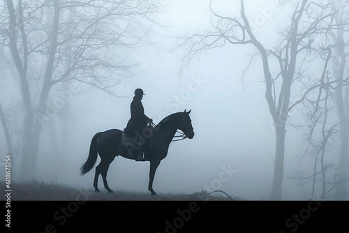 Soldier on a horse, foggy area, silhouette. AI generative