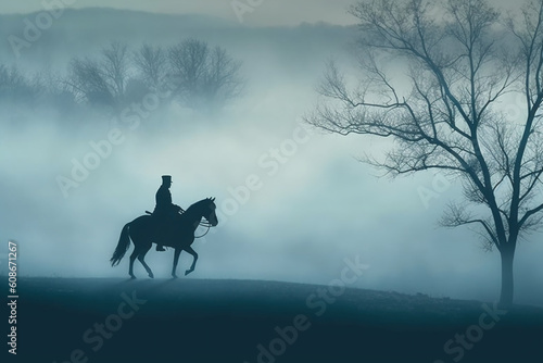 Soldier on a horse, foggy area, silhouette. AI generative