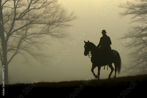 Soldier on a horse  foggy area  silhouette. AI generative