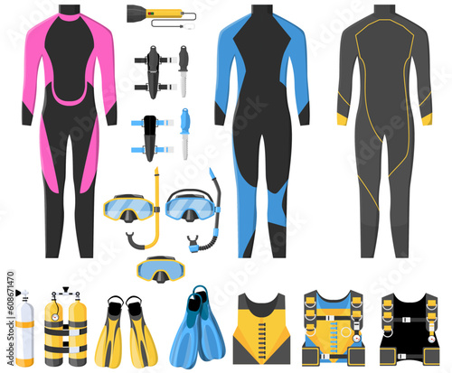 Set of scuba diving equipment on white background, illustration