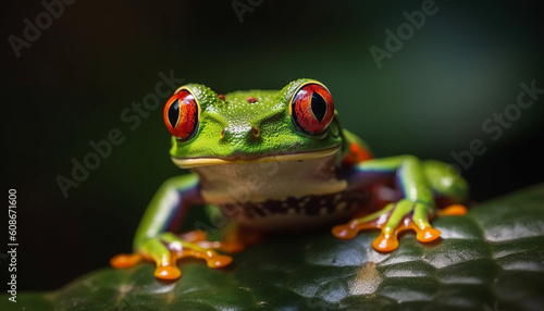 Curious red eyed tree frog sitting on wet leaf in Amazon generated by AI