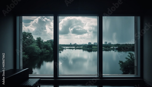 Looking through window  dark silhouette against moody sky backdrop generated by AI