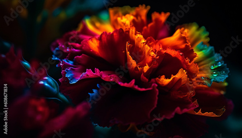 Vibrant flower head blossoms in dark, wet springtime celebration generated by AI