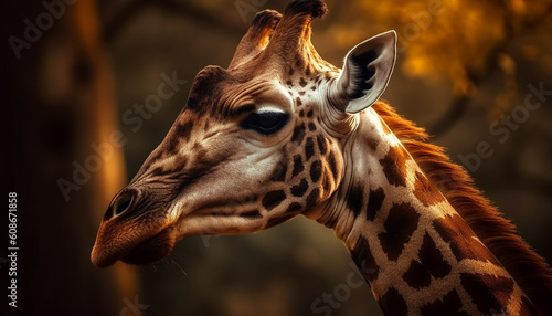 Spotted giraffe stands tall  gazing at camera in wilderness sunset generated by AI