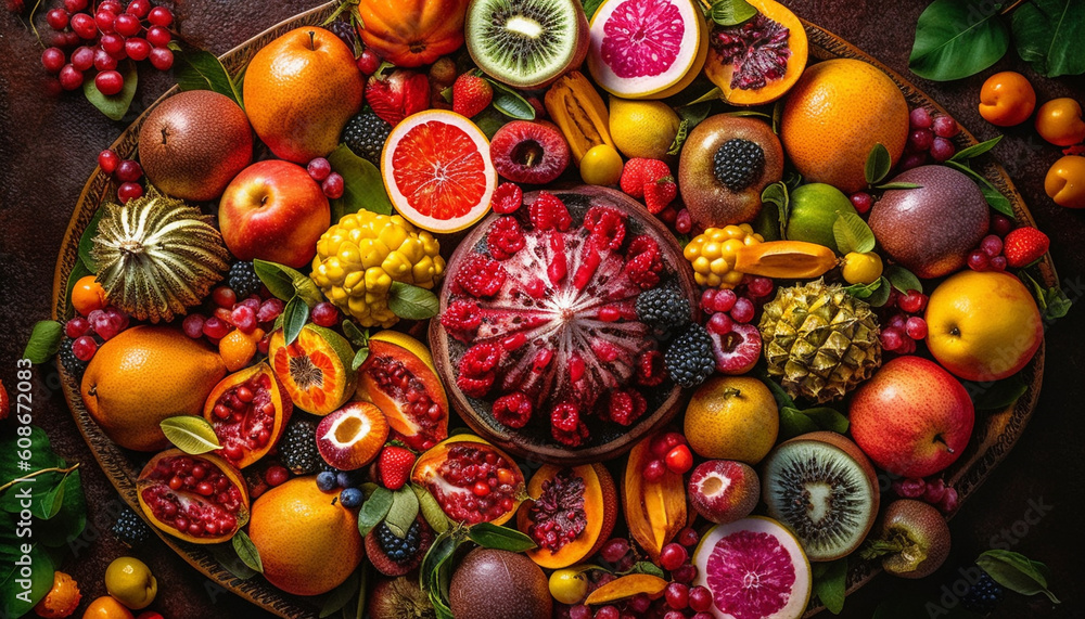 A gourmet collection of ripe fruit, decoration for healthy eating generated by AI
