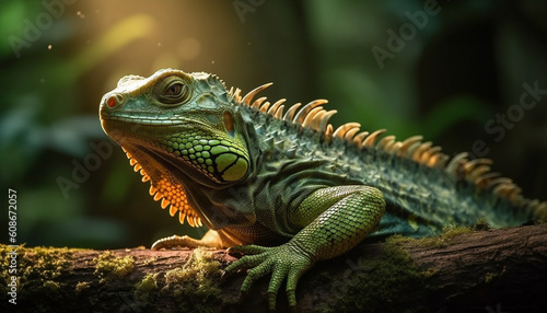 Green iguana crawls on branch, its scales multi colored and vibrant generated by AI