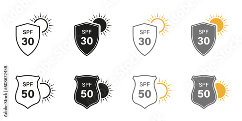 Sun Protection Line and Silhouette Icon Set. Sunblock SPF 30 50 Skin Protect Pictogram. Shield Block Ultraviolet Rays Symbol Collection. Summer Cream, Solar Safety Label. Isolated Vector Illustration