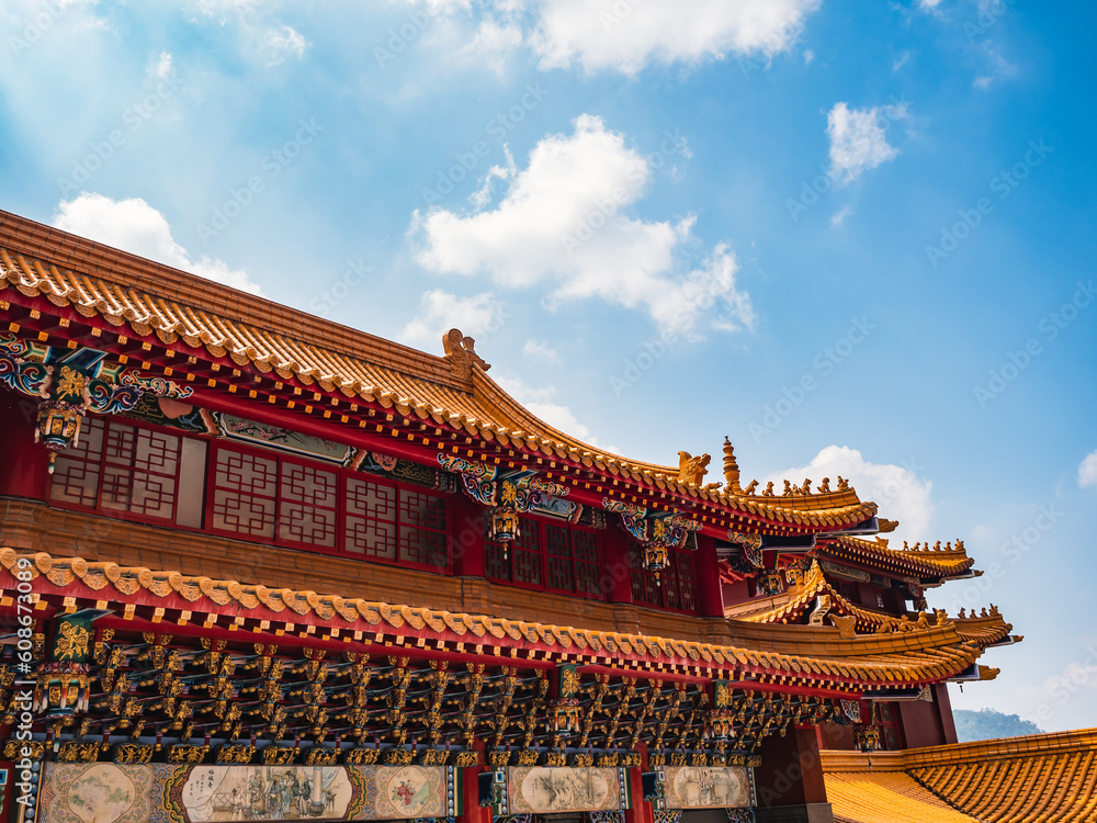 Fototapeta premium View of the temple with sunlight splashing over the lake, sun moon lake, Taiwan