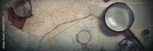 Vintage background on the theme of crime, police, detective, investigation. Magnifier. Old style. Banner AI Generative