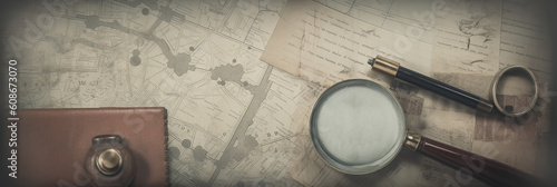 Vintage background on the theme of crime, police, detective, investigation. Magnifier. Old style. AI Generative