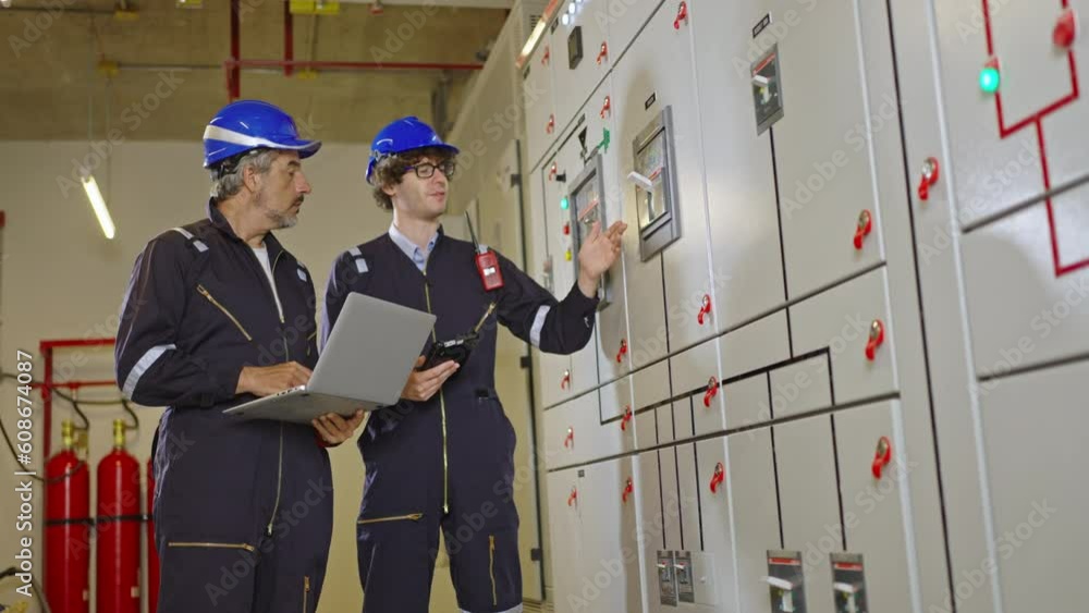 Team maintenance engineers inspect relay protection system with laptop ...