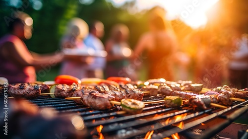 A vibrant summer BBQ party scene with the focus on sizzling meats grilling on the barbecue. The mouthwatering centerpiece delights with rich colors and textures. 