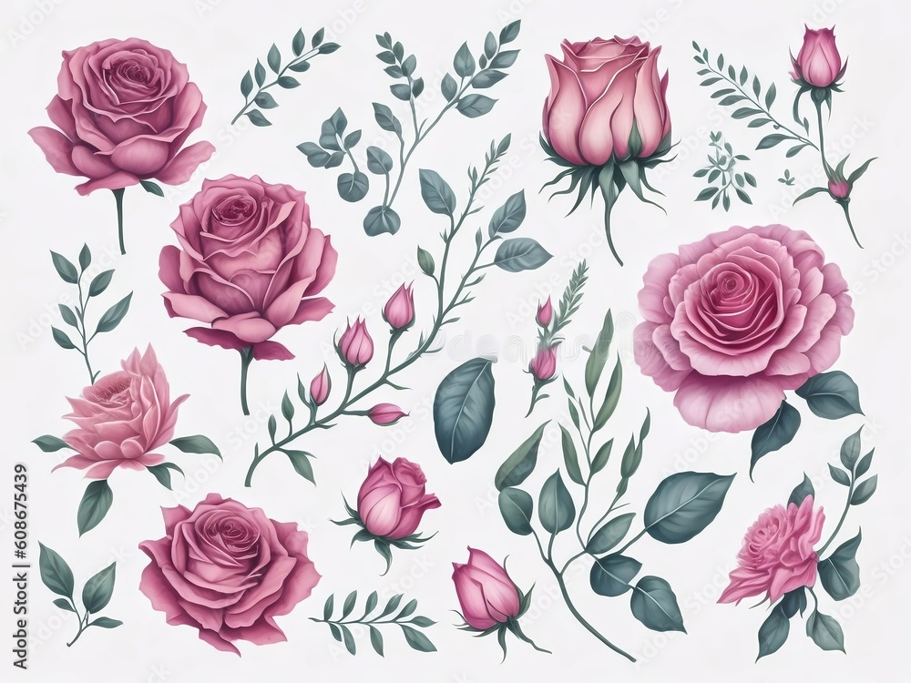 Watercolor Rose Flower Clipart on white background. Generative AI