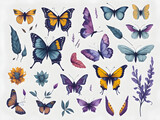 Set of butterfly watercolor elements on white background. Generative AI