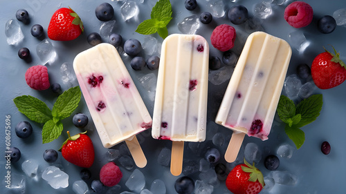 Three white ice cream with berry's and fruits on adrk background. Generative AI photo