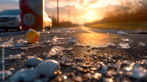 rubbish on the street with beautiful sunset